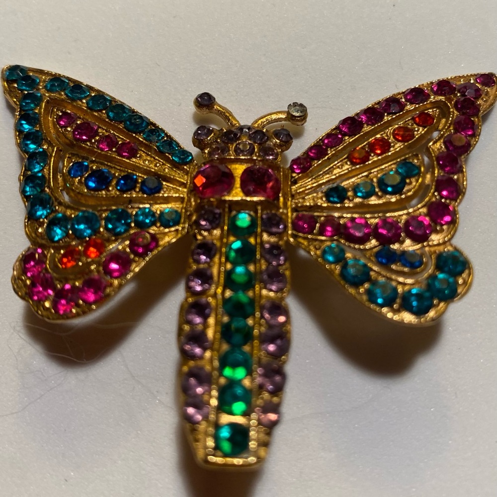 THELMA DEUTSCH EARRINGS: Butterfly multi colored stones set in aged gold